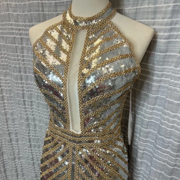 Jovani Metallic Sequin Halter Dress